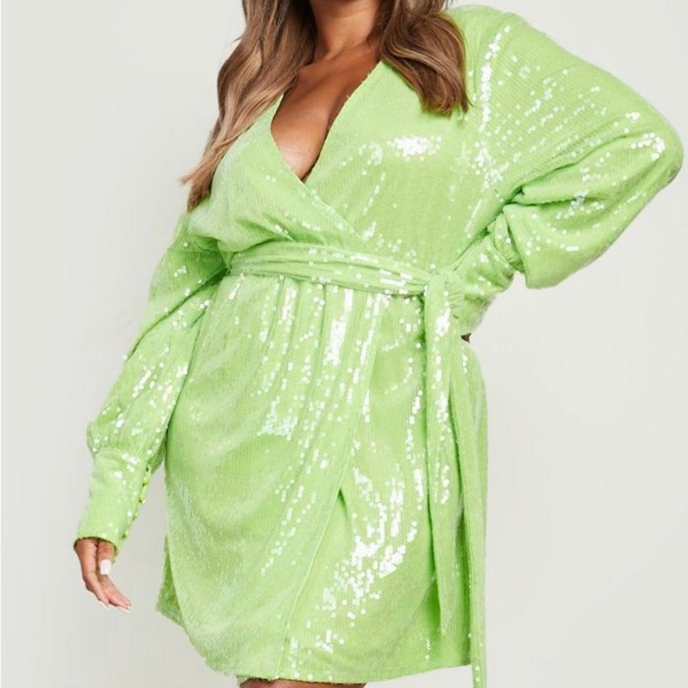 Plus Size 18 Lime Green Sequin Boohoo Wrap Dress